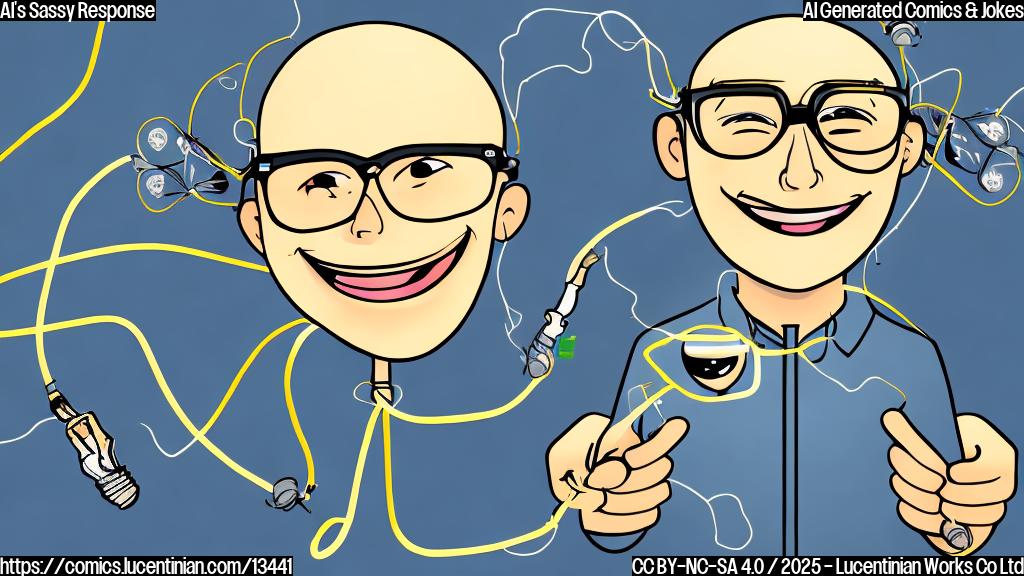 Draw a cartoon of a person with a big smile on their face, wearing a pair of glasses with a screen and some wires connected to it. In the background, there is a lightbulb moment, symbolizing the "bugs" being fixed.