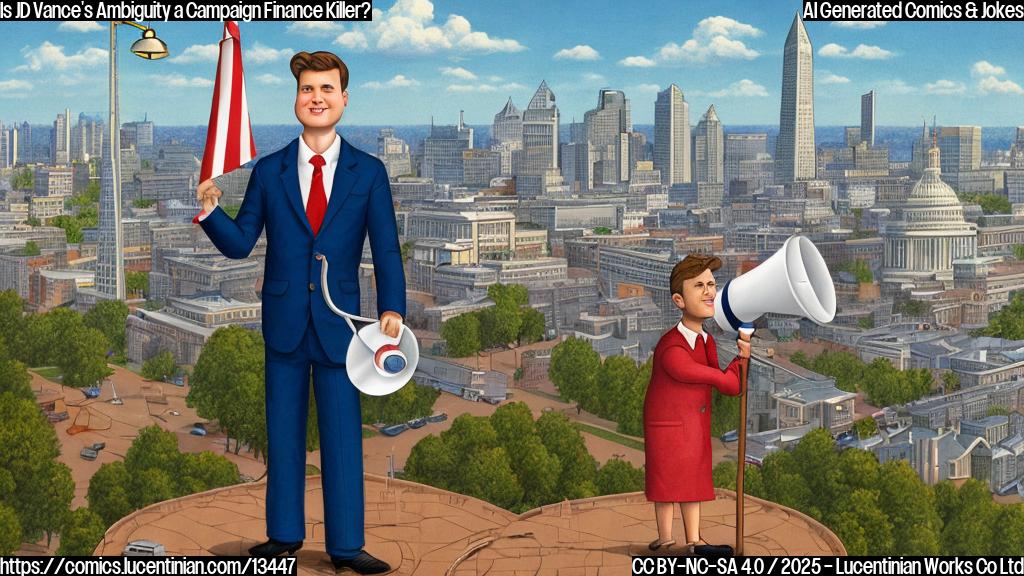 A cartoon style image of JD Vance standing on a ladder, looking uncertain and holding a small megaphone, with a cityscape of Washington D.C. in the background.