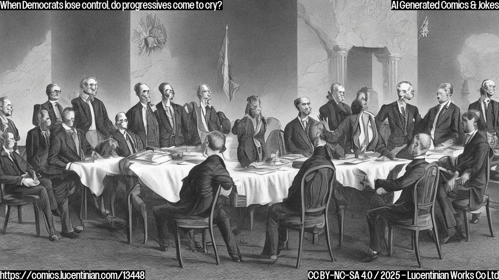 A cartoon of a group of senators from Texas sitting on stools, looking worried and holding their chests, with one of them bursting into tears. The background should be a faded blue sky with a faint outline of the Texas state flag.