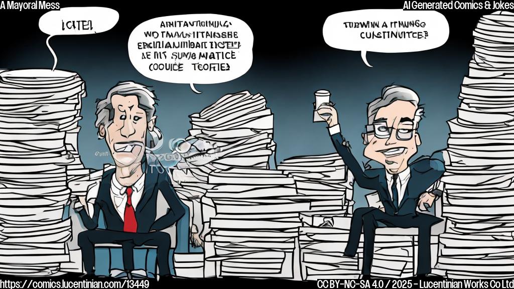 Draw a cartoon style picture of a young, ambitious-looking mayoral candidate sitting on a therapist's couch, with a frazzled expression and a hint of a smile, surrounded by stacks of papers and coffee cups.