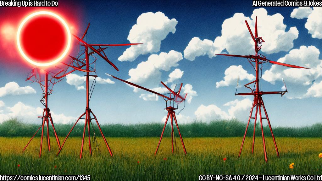 Draw a plain color cartoon-style picture of two old TV antennas with a red "X" marked through them, standing next to each other in a field, with a bright blue sky in the background and a few fluffy white clouds.