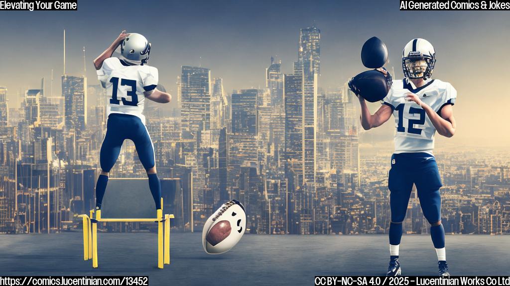 Illustration of a football player standing on top of a ladder, wearing a helmet and holding a football, with a cityscape in the background.