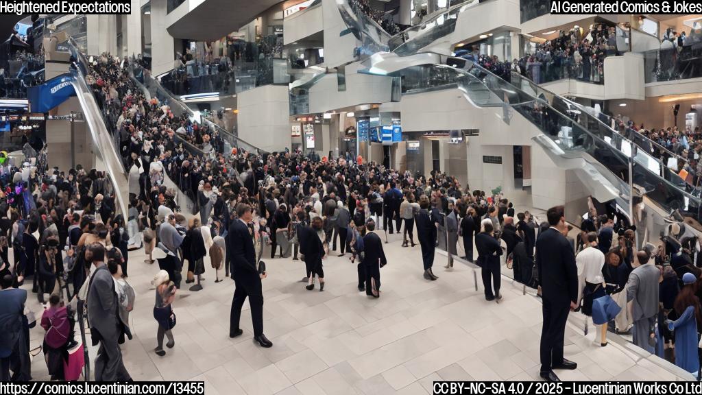 a tall, slender human figure with a briefcase and wearing a suit and tie, standing in front of a giant escalator or moving staircase, with a crowd of people in the background at a large convention center