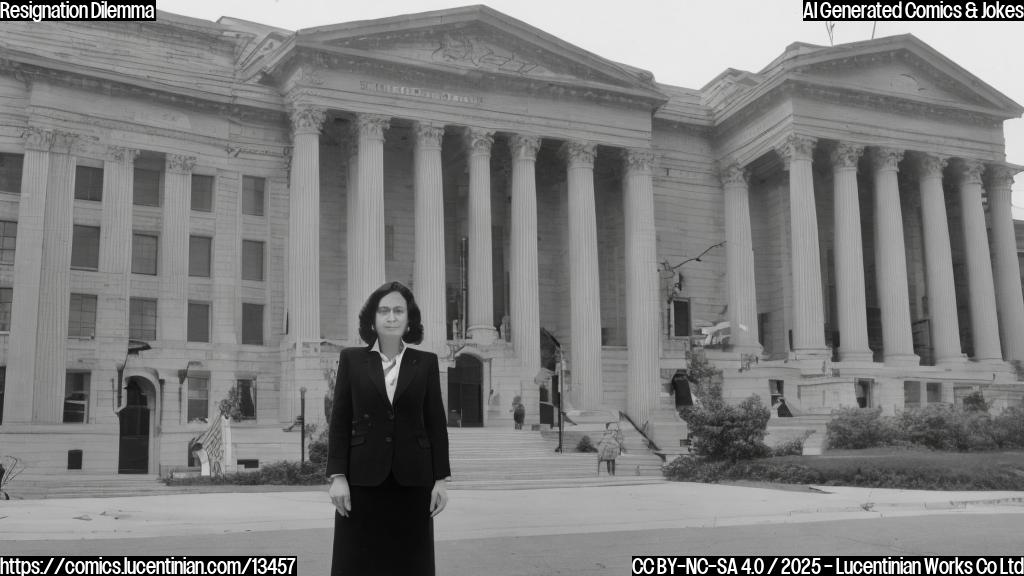 A woman in a professional suit with a stern expression, holding a briefcase and standing in front of a courthouse. The building behind her has a large American flag waving above the entrance.