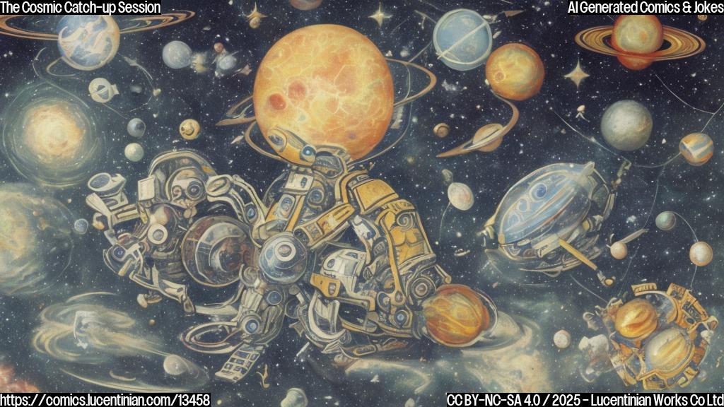 A spaceship-shaped figure with a puzzled expression is sitting on a therapist's couch, surrounded by various celestial objects and debris. The figure has multiple arms, each holding a different shape or form, such as stars, planets, or asteroids. Its body is composed of swirling clouds of gas and dust, giving it an ethereal glow. In the background, there are fragmented remnants of a comet's tail and several distant galaxies.