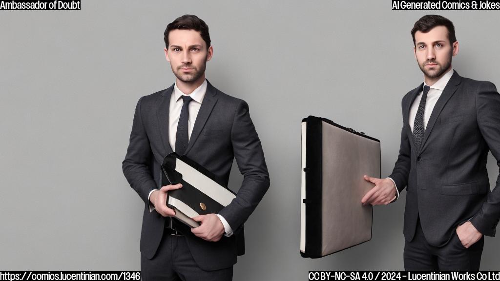 A stern-looking man with a suit and a briefcase, standing in front of a white background. His face has a serious expression, and his eyes seem to bore into the distance. In one hand, he holds a large, leather-bound book, symbolizing a contract or agreement. The other hand rests on the handle of a briefcase, which is slightly opened, revealing a few papers or documents inside.