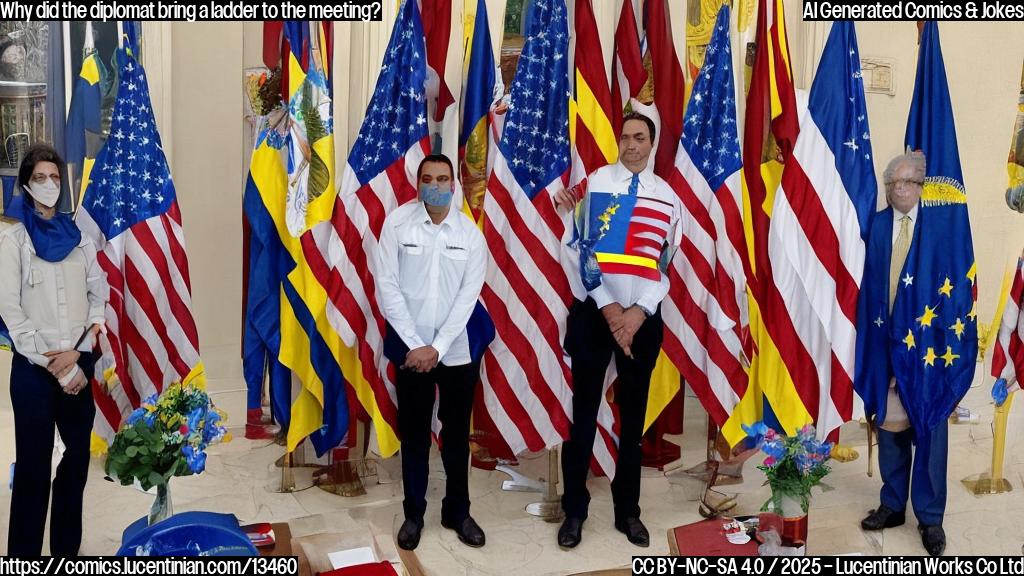 A person holding a large, intricately designed ladder with the Venezuelan and US flags on either side of it, standing in front of a table with two chairs where a diplomat is seated, looking concerned. The background is a subtle gradient of blues and whites representing diplomacy and international relations.
