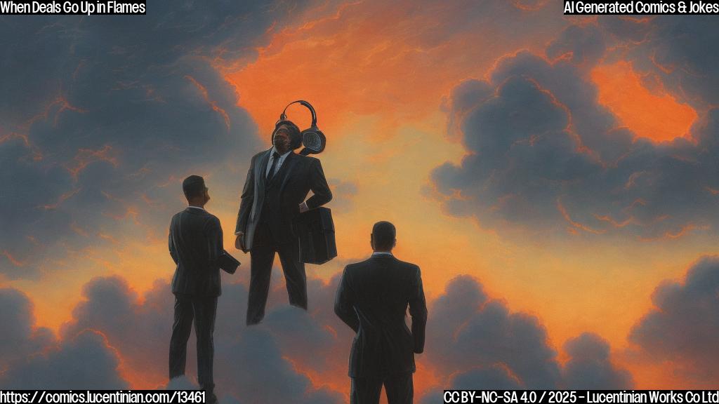 A large, suited figure with a stern expression and a briefcase standing in front of a city skyline at sunset, with a speech bubble above their head containing the text "We're not willing to make a deal that's just streaming from success". The suited figure is surrounded by swirling clouds of red and orange hues, symbolizing the rising flames of conflict.