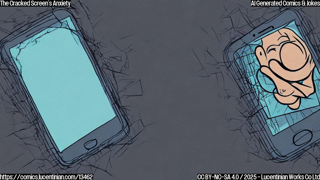 Illustrate a cartoon-style picture of a smartphone screen with a cracked design, sitting on a therapist's couch, looking anxious and stressed.