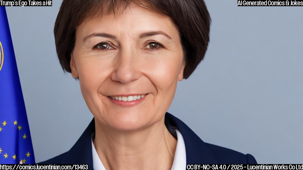 A confident, middle-aged woman with short, dark hair and a warm smile stands in front of a backdrop with a subtle gradient of blue and white colors. She is wearing a European Commission badge on her lapel and has a determined look on her face.