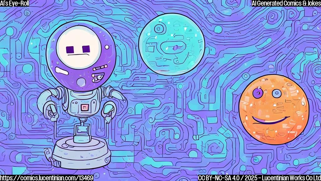 Describe a cartoon-style illustration of a smiling, pixelated robot with a puzzled expression on its face, surrounded by swirling algorithms and code snippets. The robot is holding a thought bubble with a speech bubble inside, containing the words "I'm just trying to process my emotions..."