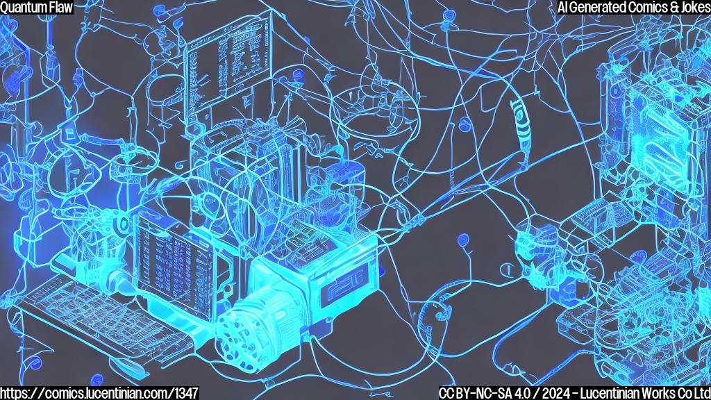 A small machine with a glowing blue core and wires connected to its sides, surrounded by computer screens displaying error messages and complex equations.