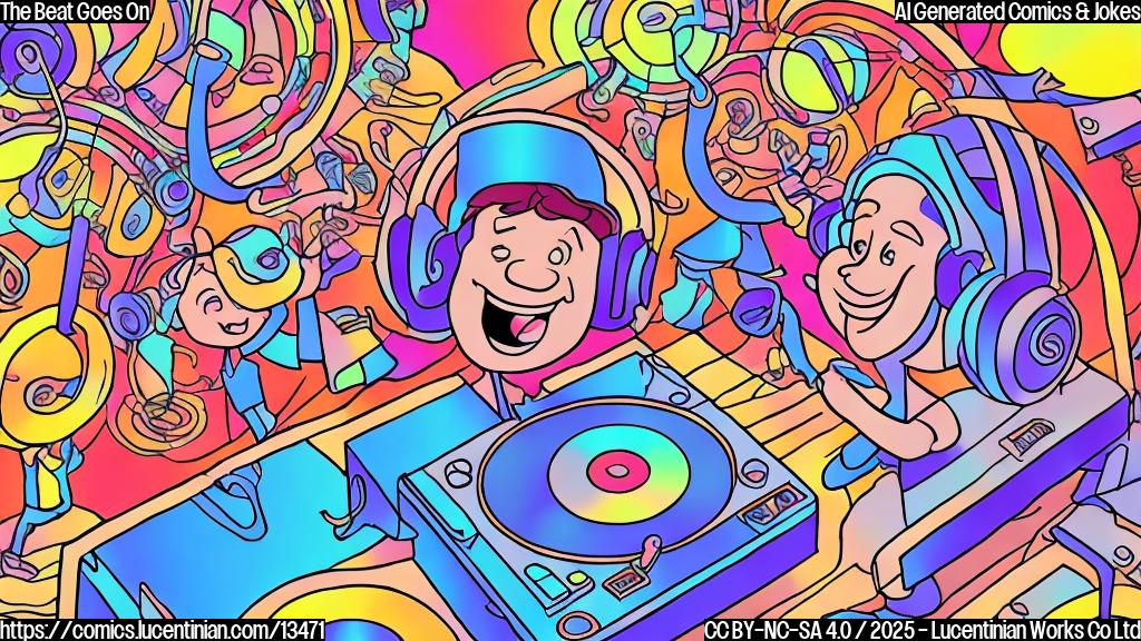 Draw a cartoon of a smiling DJ standing on a ladder, with a pair of headphones and a vinyl record player, surrounded by dancing people and colorful lights.