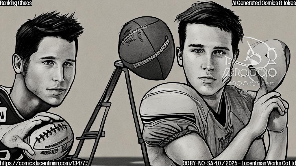 A cartoon of a person, likely Josh Allen, standing under a ladder with a football in hand and a determined look on his face. The ladder should be leaning against a large "next level" sign with a football field background.