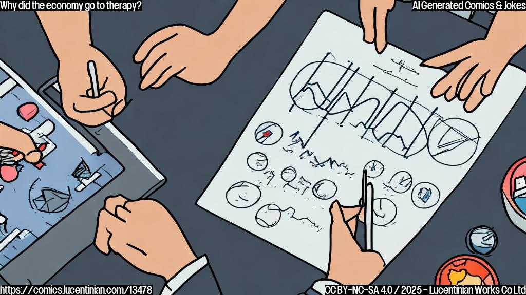 Draw a cartoon style picture of a person sitting on a therapist's couch, surrounded by graphs and charts with numbers and percentages, looking worried and uncertain. The therapist is smiling and holding a tablet with an economic indicator on the screen.