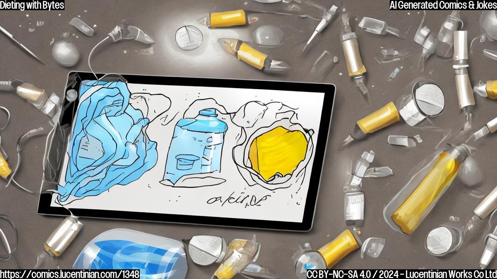 Draw a simple cartoon of a tablet or laptop getting smaller as it loses bytes, while a prescription bottle labeled "Ozempic" is being placed next to it. The background should be a blurred image of a doctor's office or a healthcare setting.