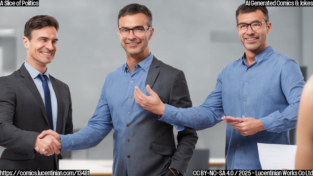 A confident, middle-aged man with a strong jawline and a hint of a smile is shown shaking hands with a figure in the background. The background figure is blurred, representing a larger audience or a difficult negotiation. The man's right arm is visible, holding a document or a laptop. His outfit is a mix of formal and casual attire, suggesting a professional but relaxed demeanor. Incorporate soft colors and subtle textures to convey a sense of diplomacy and intrigue.