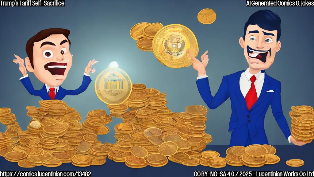 A cartoon of a person wearing a suit and holding a stack of coins, with a surprised expression on their face. The person is surrounded by a small, miniature version of the White House, with a giant 'tariff' sign above it. The background is a subtle gradient of blue and red, symbolizing balance and conflict.