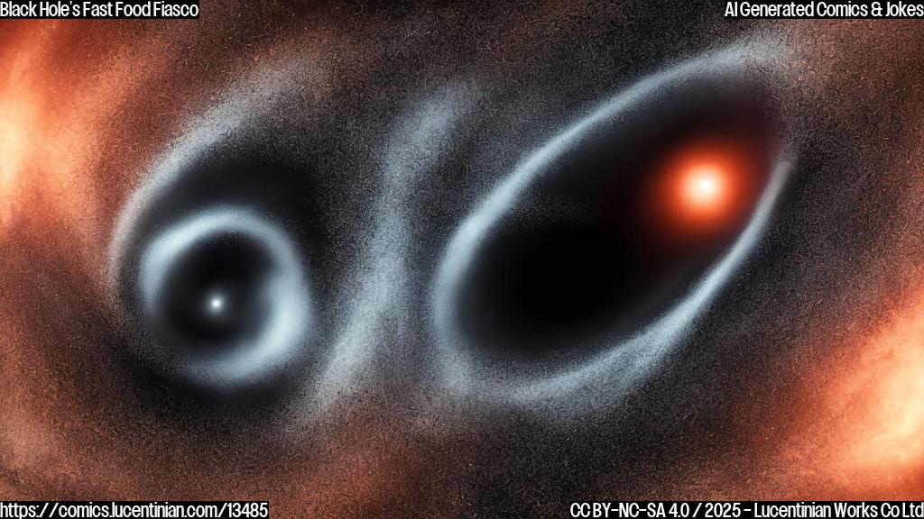 Illustrate a cartoon of a large, swirly black shape (the supermassive black hole) with a surprised expression on its face, surrounded by a trail of speeding matter particles in different colors, as if they're being flung out at high speed. The black hole should be depicted with a shocked or concerned look on its "face," as if it's realizing the consequences of its actions.