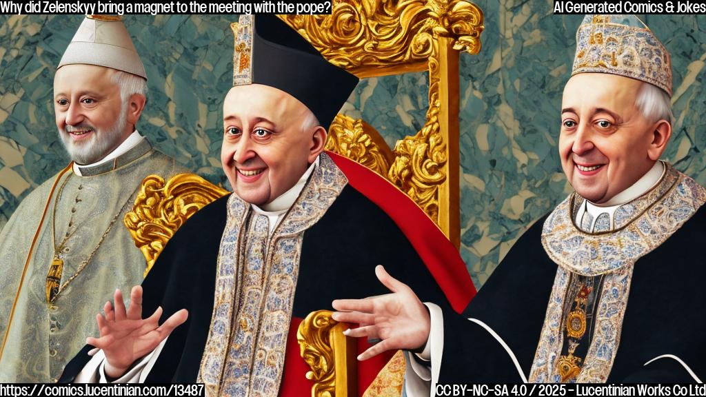 a smiling Ukrainian president with a magnet in hand, sitting across from a smiling Pope Leo XIV, surrounded by Rome's iconic architecture and ornate decorations, in a formal and elegant setting.