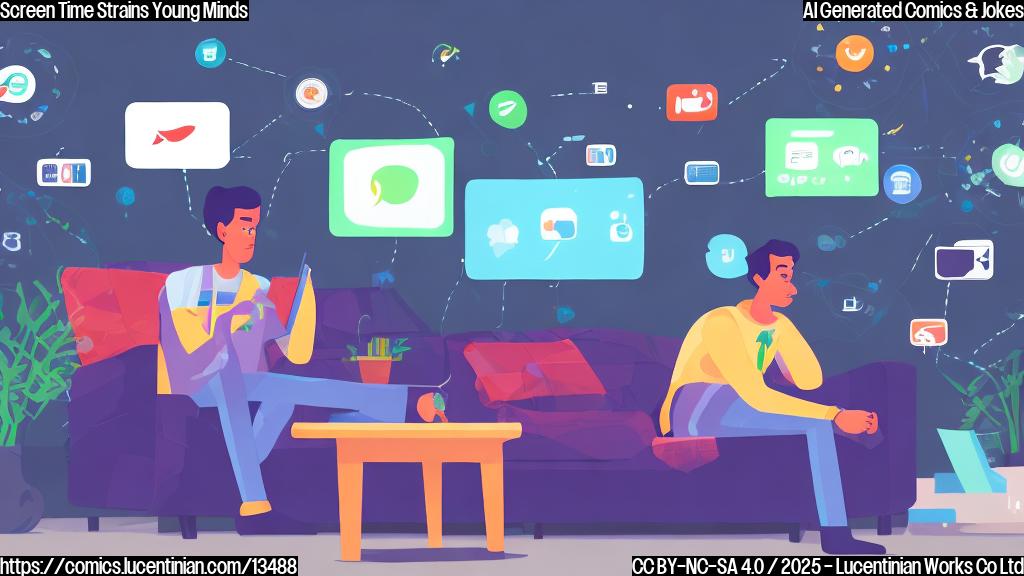 A young person sitting on a couch, surrounded by multiple smartphones, laptops, and televisions, with a worried expression on their face. The devices are all showing various social media feeds, with bright colors and animated graphics.