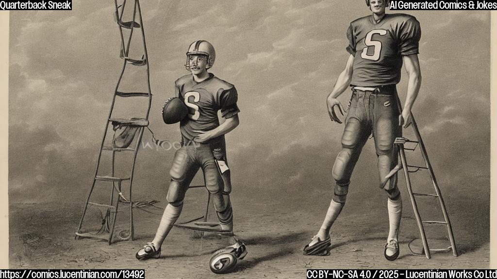 A cartoon of a middle-aged man with a quarterback's helmet and pads, standing on top of a football field with a ladder in front of him. The ladder should be slightly tilted, as if it's leaning against the ground. The background should be a plain color, such as light blue or beige.