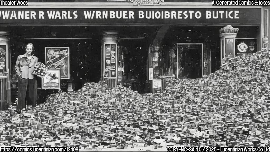 A large, old-fashioned cinema with a worried-looking owner standing in front of a marquee displaying "Warner Bros." in bold letters. The owner is surrounded by stacks of old film reels and scattered newspaper clippings. In the background, a giant Warner Bros. logo dominates the screen.