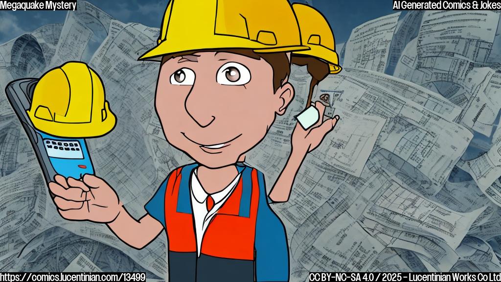 A cartoon of a person wearing a hard hat and holding a calculator, standing in front of a large screen displaying a probability chart with 1% highlighted, surrounded by earthquake and tsunami symbols