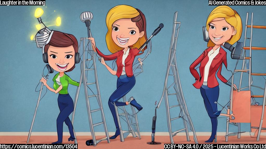 Draw a cartoon of two female anchors, one with a microphone and a determined expression, and the other with a ladder leaning against her. The background should be a morning news studio with a bright and cheerful atmosphere.