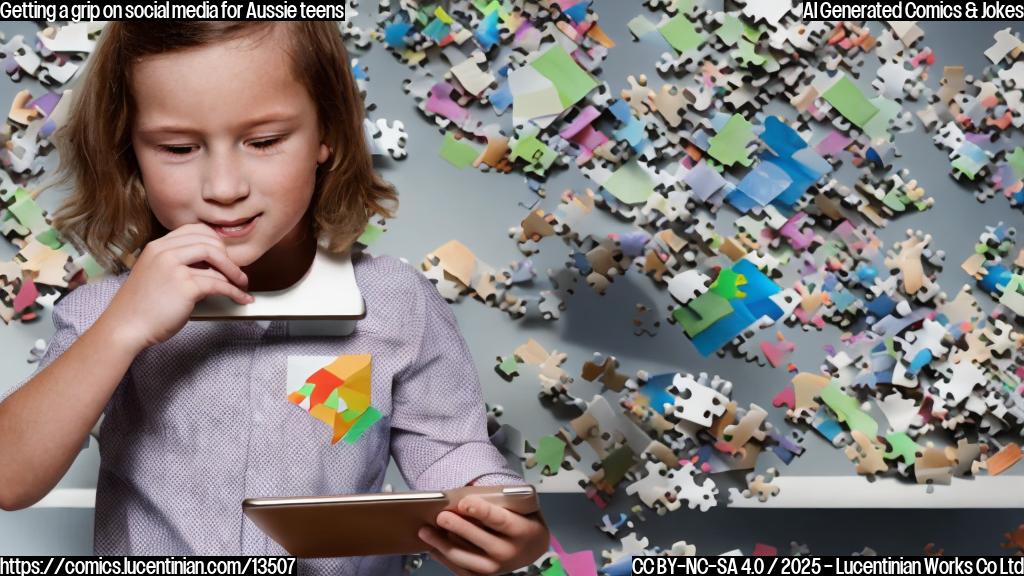 A young Australian child holding a tablet with a puzzled expression, surrounded by scattered papers and books with a hint of digital footprint in the background.