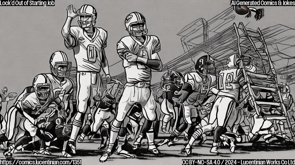 A cartoon-style illustration of a quarterback with a disappointed expression standing next to a ladder and a football field in the background. The ladder should be slightly tilted, as if it's about to fall over. The quarterback should have a hint of frustration on his face.