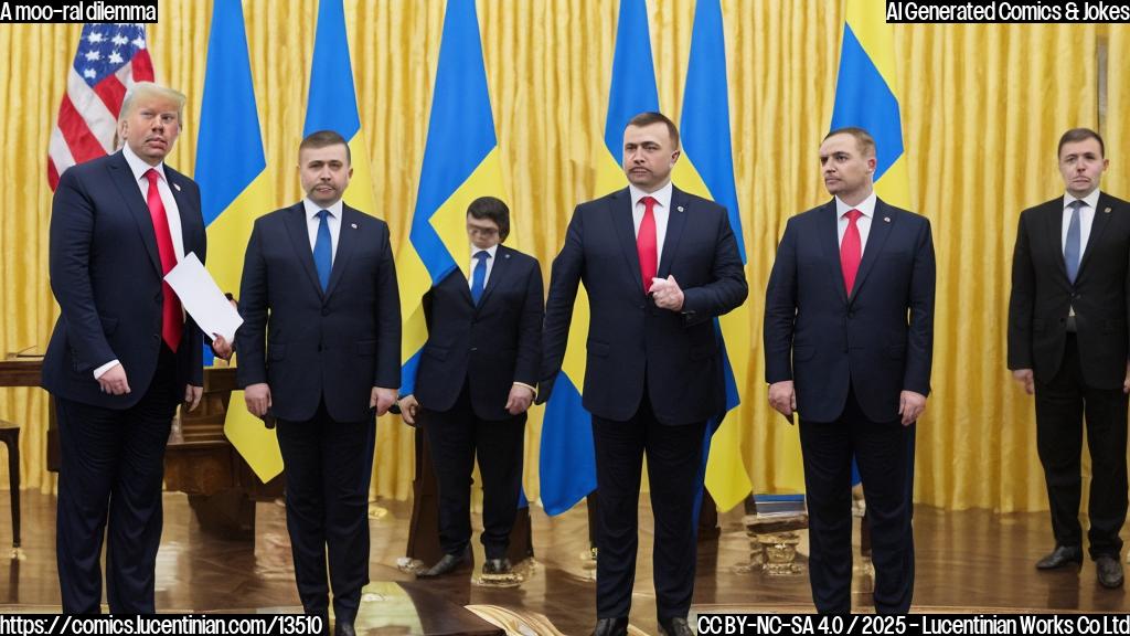 A Ukrainian official with a confident expression is standing on a small stool or ladder in front of a large negotiating table. They are holding a sheet of paper with proposed amendments in hand, while another person (President Trump) stands across from them with an expectant look on their face.