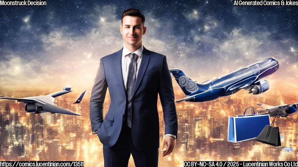 Aries person standing in front of an airplane, wearing a suit and tie, surrounded by shopping bags and a suitcase. The background is a blurred cityscape with clouds in the shape of stars.