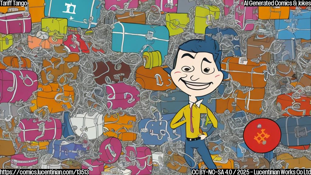 Colorful cartoon of a smiling tariff with a puzzled expression, surrounded by a tangled web of commerce-related objects, such as suitcases, briefcases, and price tags.