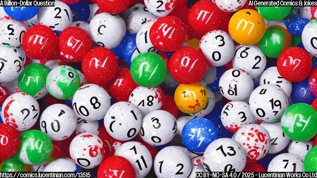 Draw six numbers between 1 and 70, with one of them being red (representing Powerball). Include two additional symbols in the background, resembling confetti and balloons. The colors should be bright and celebratory.
