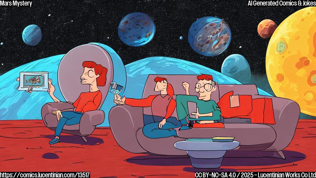 A cartoon of a person sitting on a couch, looking worried and holding a phone with a puzzled expression. In the background, there is a spaceship orbiting Mars, with a red dot indicating its location. The colors are muted and plain.