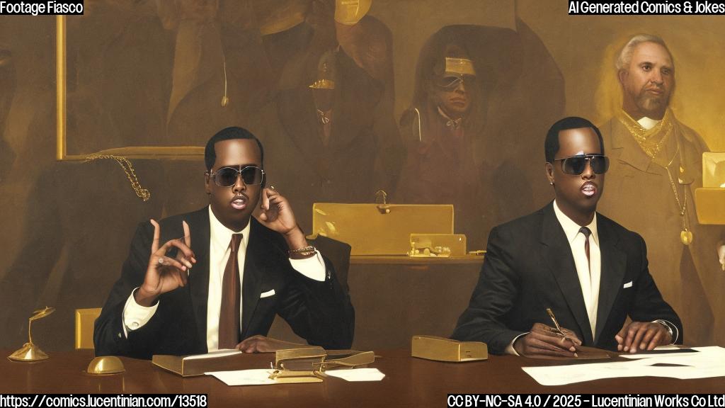 A lawyer, a man in a suit with a gold chain and sunglasses, standing on a raised platform with a laptop open in front of him. The background is a dimly lit room with several lawyers seated across from him, while Sean Combs sits at a table, looking annoyed.