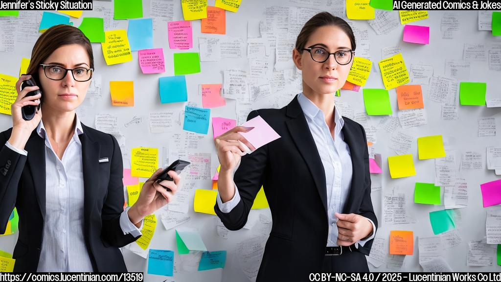 A woman in a business suit with a determined expression and a phone in her hand, surrounded by sticky notes and papers with phone numbers on them. The background is a prison cell with bars and a clock ticking in the corner.