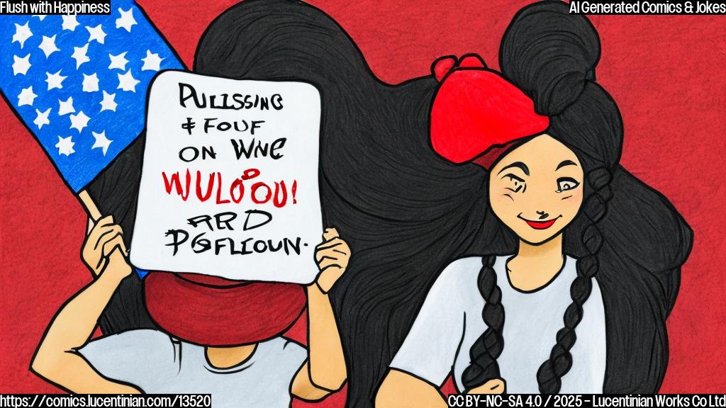 Draw a plain color cartoon style picture of a smiling woman with her hair tied up in a ponytail, wearing a red hat and holding a sign that reads "Flush Out the Oppression" while standing in front of a crowd of people waving flags and cheering.