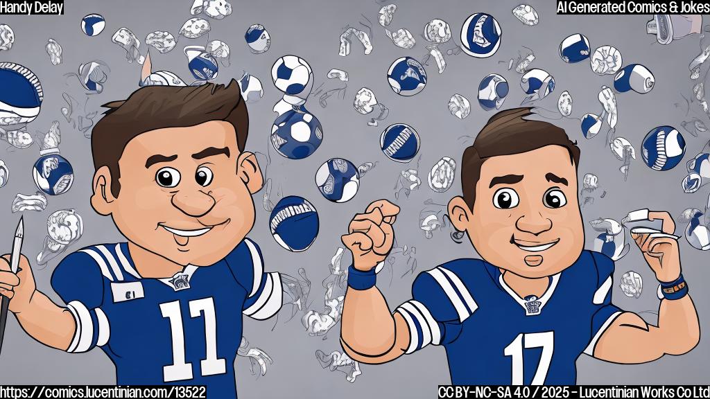 A cartoon style image of a person wearing number 17 jersey and holding a pen, with a subtle hand drying motion in the background, surrounded by footballs and fans.