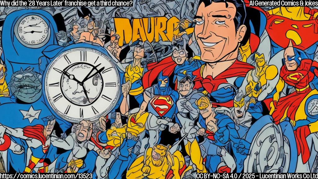 Draw a cartoon-style picture of a movie franchise with three films, each with a slight age difference between them, and a clock in the background with a big smile. The clock should have a film strip wrapped around its face. Include a superhero or iconic character from one of the movies in the foreground, looking at the clock with a mix of surprise and amusement.