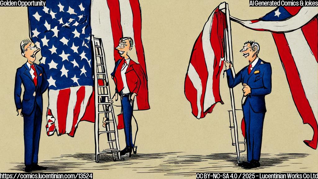Draw a cartoon of a person holding a large briefcase with a ladder leaning against it, standing in front of an American flag. The person should be smiling and wearing a suit with a gold tie.