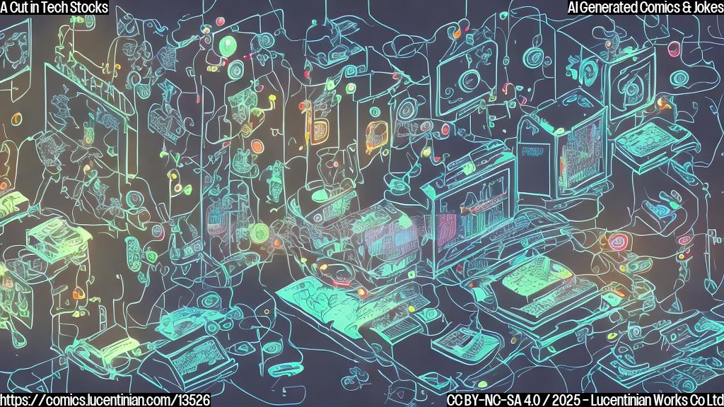 Draw a plain color cartoon style picture of 3-5 computer screens with sad faces, surrounded by broken circuit boards and flames, with one screen showing a stock ticker displaying a downward trend.