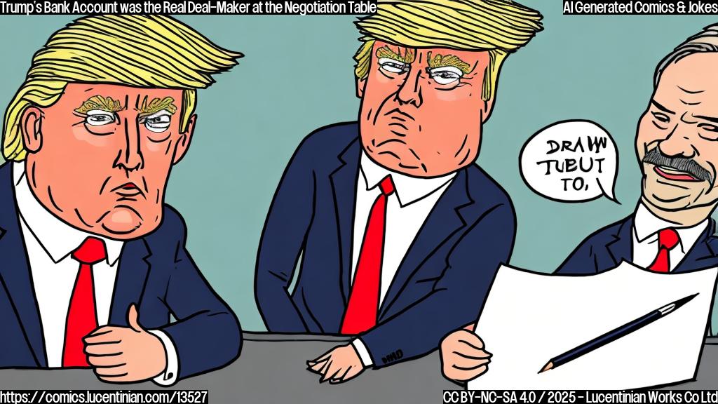 Draw a simple cartoon of Donald Trump sitting at a negotiating table with Viktor Orban. Both characters are wearing suits and looking serious. In the background, there should be a large whiteboard with a drawing of a bank account, complete with dollars and coins flowing in and out.