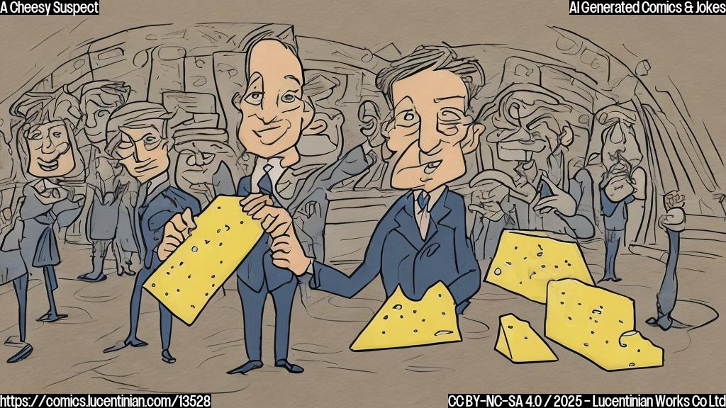 Draw a plain color cartoon style picture of a person holding a wedge of cheese in their hand, with a faint background of a courtroom. The person should be wearing a suit and have a worried expression on their face.
