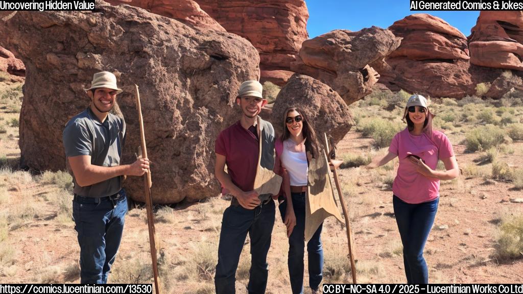 a woman and a man in their 30s, dressed casually, standing next to a rock formation in the Utah desert, both holding geology tools and looking excited