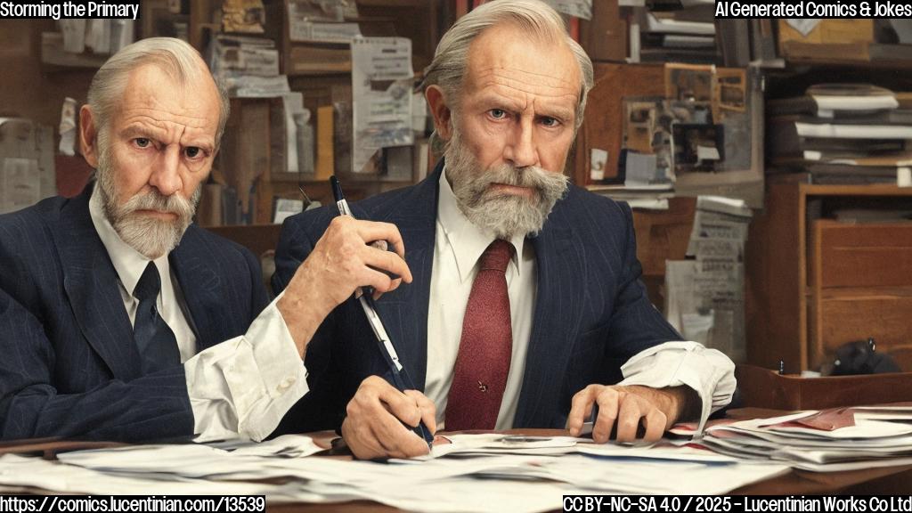 A gruff, older man with a comb-over and a stern expression is sitting at a desk, surrounded by papers and pens. He's wearing a suit with a hint of faded red, white, and blue stripes. His eyes are narrowed, and his arms are crossed, as if daring the viewer to challenge him.