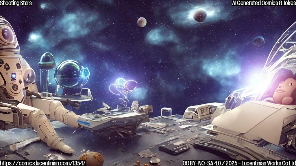 A small, humanoid figure in a spaceship with a puzzled expression on their face, surrounded by glowing stars and meteors, with a therapist's couch in the background. The spaceship should be depicted as being in orbit around a blue planet, with a subtle hint of a cityscape on the horizon.