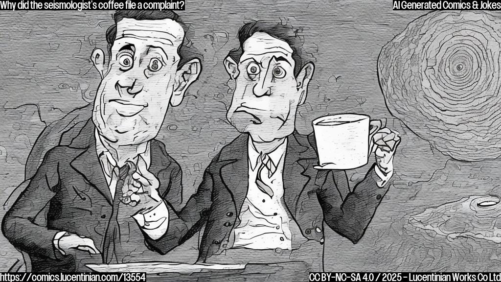 A cartoon of a person (the seismologist) holding a cup of coffee, with a worried expression on their face. The cup is shaking slightly, and there are seismic waves radiating from the ground beneath them.
