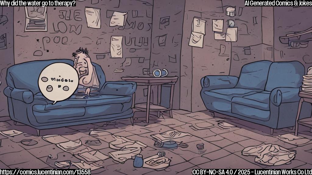 A cartoon style image of a sad-looking puddle sitting on a couch, looking dejected and surrounded by drying clothes, with a thought bubble above its head showing a speech bubble saying "I'm feeling drained".